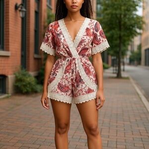 Vizio Red and Cream Paisley Lace Trim Romper